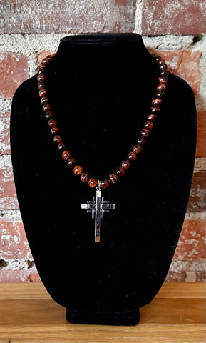 Red Tigers Eye Steel Cross Necklace