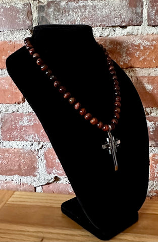 Red Tigers Eye Steel Cross Necklace